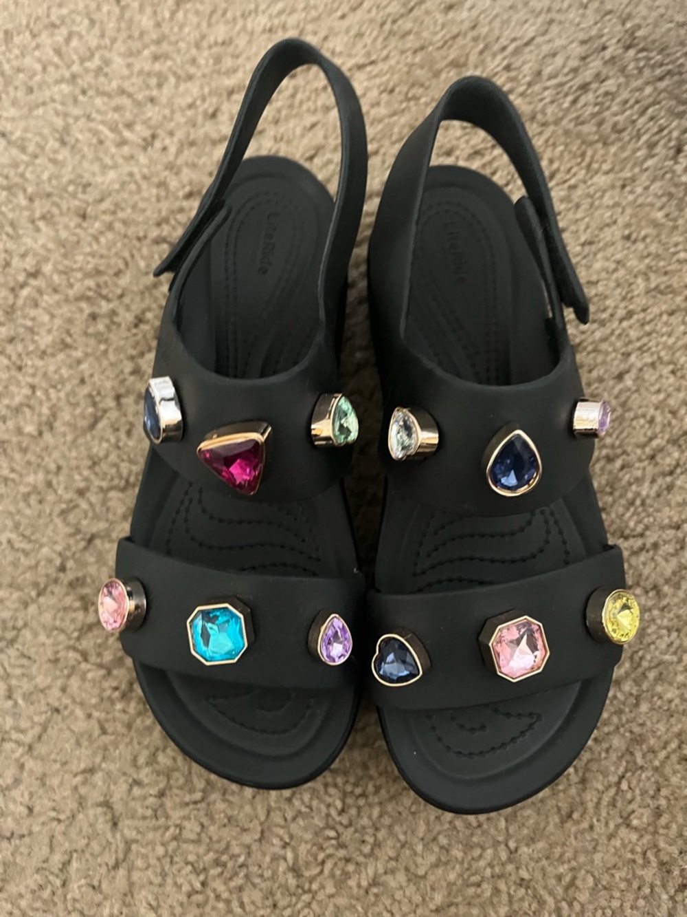 CROCS Black Platform Sandals with Multicolor Gem Accents
